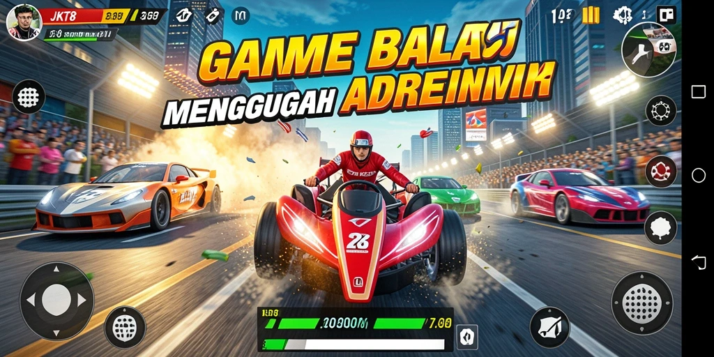 Screenshot gameplay JKT8 menampilkan aksi balap yang mendebarkan.